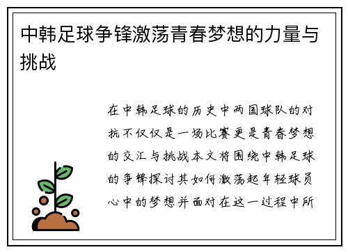 中韩足球争锋激荡青春梦想的力量与挑战